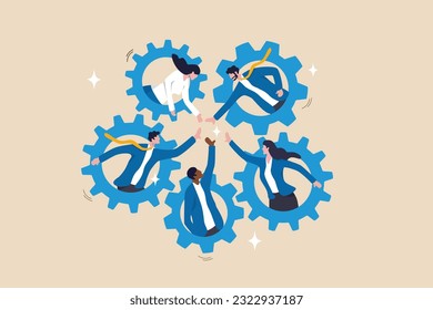 Team working together, teamwork, organization or employee collaboration for success, community or meeting agreement, cooperation concept, businessman woman, people on gear cogwheel working together.