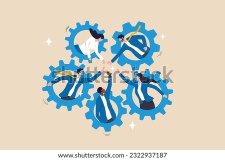 Team working together, teamwork, organization or employee collaboration for success, community or meeting agreement, cooperation concept, businessman woman, people on gear cogwheel working together.