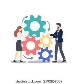 A team working together to turn the gears of business, driving progress forward.