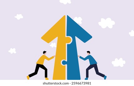 Team working together with upward arrow, conceptual illustration of growth and success in teamwork