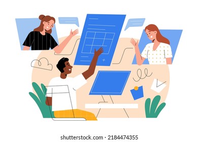 Team working together, using cloud software, working at the same document from home office, online meeting via video conference. Project managing software concept. Vector illustration isolated