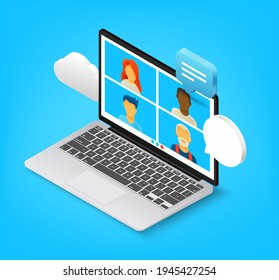 Team working together via internet application. Isometric 3d style vector illustration 