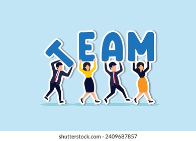 Team working together to win business success, teamwork, cooperation or collaboration, coworker partnership or office colleagues concept, business team people walking together holding the word TEAM.