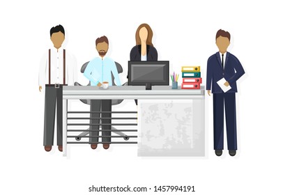 Team working Vector flat style. Brain storming group. Coworking space
