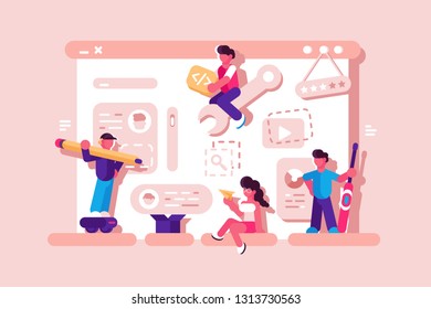 Team working at web development vector illustration. Webdesigners building website page on giant laptop with social media icons flat style concept. Isolated on pink