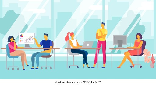 Team working, work space interior for teamwork. Vector teamwork office, people with laptop coworking at workplace illustration