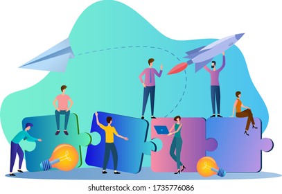 Trabajo en equipo, la gente está conectando acertijos.Colaboración, trabajo en equipo, asociación.Concepto de negocio.Ilustración vectorial plana.