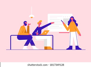 El equipo trabaja en la oficina. Ilustración minimalista vectorial moderna. Concepto de medios sociales.