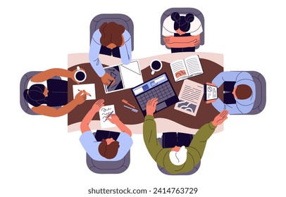 Team works on the table top view. Employees sitting around desk, discuss management processes. People meeting for negotiation in office. Students teamwork. Flat isolated vector illustration on white