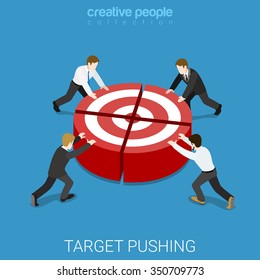 Team works to reach goal flat 3d isometry isometric business concept web vector illustration. Four businessmen pushing target piece part to connect into whole one. Creative people collection.