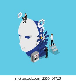 Team works with smart brain computer, neural networks isometric 3d vector illustration concept for banner, website, illustration, landing page, flyer, etc