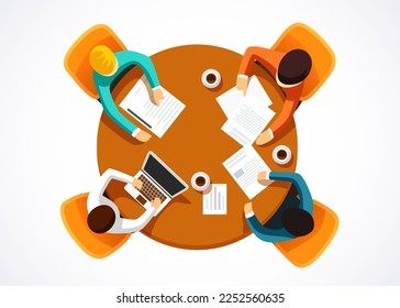 Team works together around a round table. Teamwork, brainstorming, startup. Flat vector illustration.