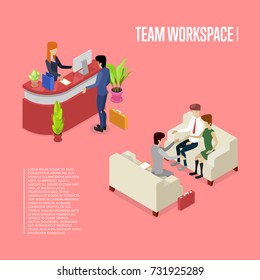 Team workspace isometric poster. Corporate office life concept with busy business people, company reception stand, business meeting with clients. Together professional occupation vector illustration