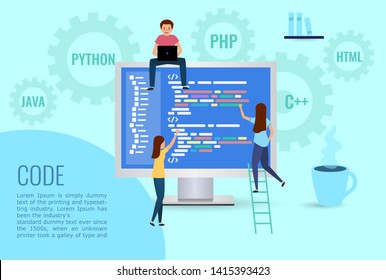 Team writes code programming for a game, app or website. Concept for web page, banner, social media. Vector illustration on blue background. programming language.