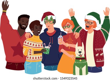 Team of young boys and girls smiling and hugging. Holiday concept
