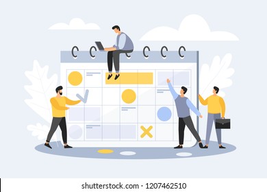 Team of young businessmen in cartoon style mark important dates in the calendar. The concept of exact timing ending of project. Advanced planning. Deadline. Vector flat illustration.