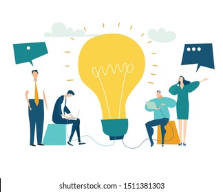 Team of young creative people working together around the light bulb as symbol of generating ideas and making a progress together.  Solving problem, achievement and working in progress concept 