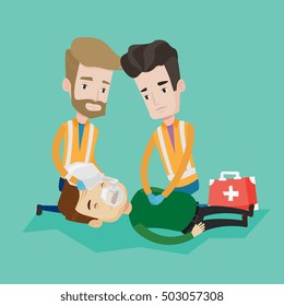 Team of young emergency doctors during process of resuscitation of an injured man. Caucasian paramedics doing cardiopulmonary resuscitation of a man. Vector flat design illustration. Square layout.