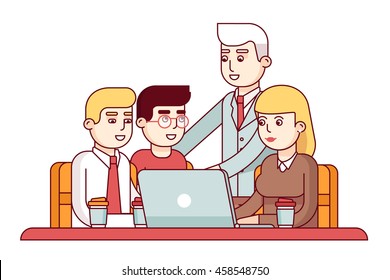 Team of young employees showing their project to chief executive manager or ceo. Business man encouraging his workers. Modern flat style thin line vector illustration isolated on white background.