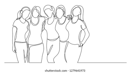 team of young female athletes standing together - one line drawing