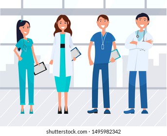 Team of young healthcare workers and doctors wearing medical uniform and stethoscope. Hospital, nursing staff or team of physicians. Vector illustration in flat cartoon style