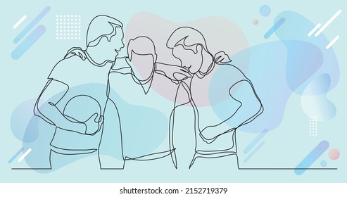 team of young male athletes standing together holding ball - one line drawing