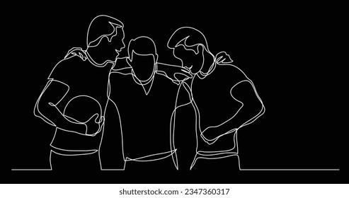 team of young male athletes standing together holding ball - one line drawing