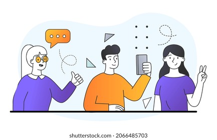 Team with young men. Man and girls photographed for social networks. Selfie, party, friends. Characters have good rest together, youth. Modern technology, gadget. Cartoon flat vector illustration