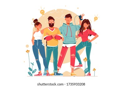 Team with young men and women with glasses and smartphone. Concept male and female characters in teamwork, friends relationship using modern device. Vector illustration.