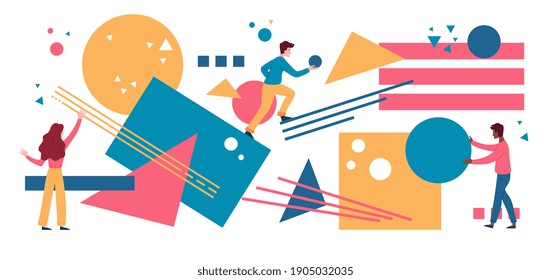 Team of young multiracial people assemble an abstract geometric puzzle. Characters collecting multicolored geometric shapes. Flat cartoon vector illustration. Abstract metaphor