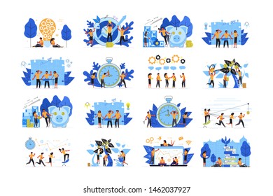 Team of young people are building business on the internet. Set of Tablet or smartphone screen with website. Promotion of business online, takeoff rating of the work. Flat Art Vector illustration