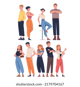 Team with Young People Character Standing Together with Folded Arms and Smiling Vector Set