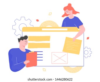 Team of young people creates a new breakthrough project, an online service. Startup and tech business. The girl puts the item on the web page, the leader guy manages the process. Vector flat people.