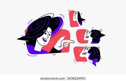 Team of young people having a discussion or brainstorm online, vector illustration of internet seminar webinar with a coach, or leader with team of employees having work communication.