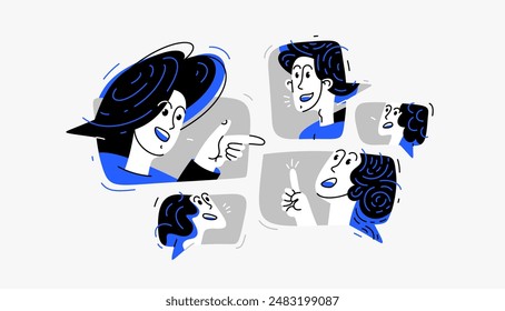 Team of young people having a discussion or brainstorm online, vector illustration of internet seminar webinar with a coach, or leader with team of employees having work communication.