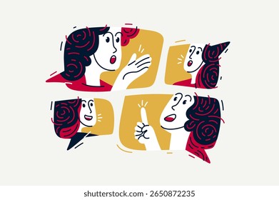 Team of young people having a discussion or brainstorm online, vector illustration of internet seminar webinar with a coach, or leader with team of employees having work communication.