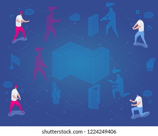 team of young people playing in a virtual shooter in the helmets of VR. vector illustration.