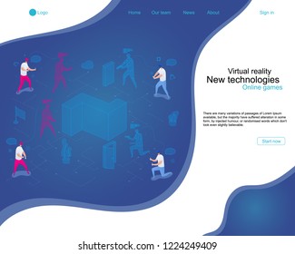 team of young people playing in a virtual shooter in the helmets of VR. Landing page template. 3d vector isometric illustration.