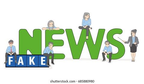 A team of young people is working on fake news. Great word fake news on the background of the world map. vector illustration.