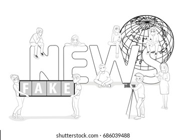 A team of young people is working on fake news. Great word fake news on the background of the world map. vector illustration.