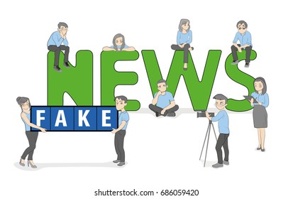 A team of young people is working on fake news. Great word fake news on the background of the world map. vector illustration.