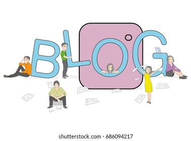 A team of young people works near the big word BLOG. The concept of communication and discussion of various topics. vector illustration.