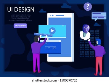 Team of young professionals are working to create creative, vibrant design for mobile applications. A non-standard approach to solving complex problems. Illustration in isometric style.