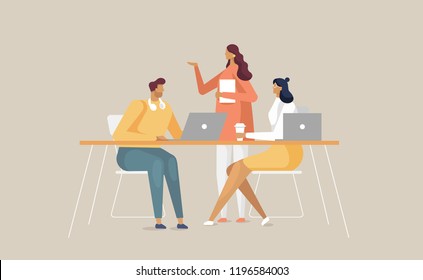 Team of young professionals working together. Colleagues sit at the big desk with laptops. Business people characters. Vector teamwork illustration in flat design style, isolated 