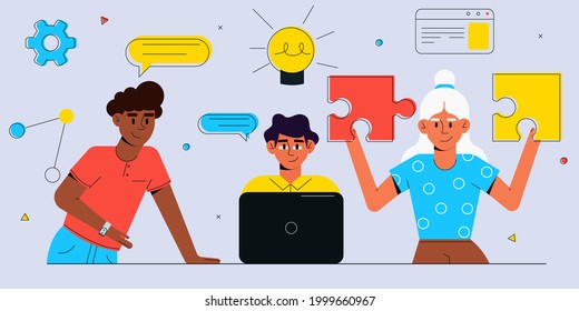 Team of young professionals working together. Flat style business people.Business concept illustration. Colorful vector illustration