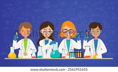 A team of young scientists collaborates in a lab, with a chalkboard of math and science formulas behind them. This concept represents STEM education, research, and teamwork.