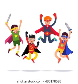 Team Of Young Superhero Boys. Kids Playing Cosplay With Improvised Costumes, Capes And Masks Pretending To Be Super Humans. Flat Style Vector Illustration Isolated On White Background.