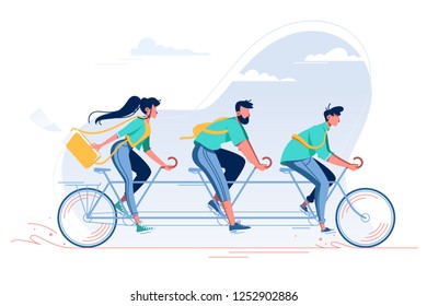 Team with young woman, man with beard and student riding a bike. Concept flat people on vehicle, teamwork, friends relax. Vector illustration.