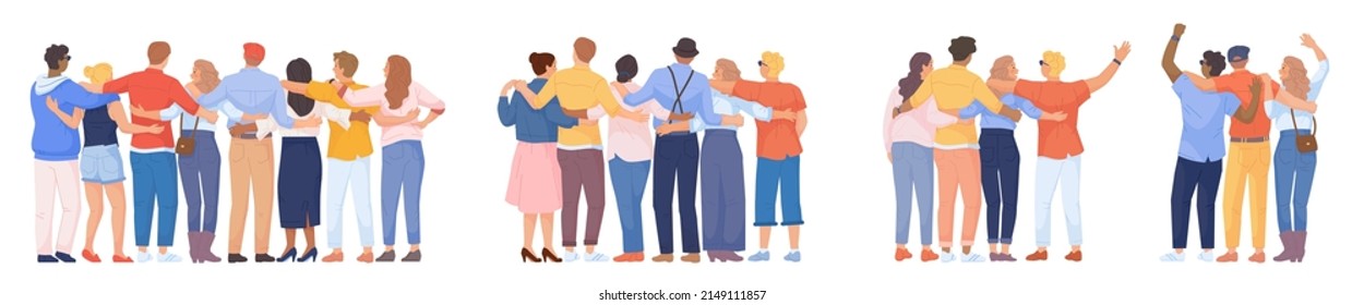 Teamback Friends. Vistas Behind Teamwork Group, Stand People Back Unity Friends Or Partners Hugging Family Together Support Friendship Diverse Team Gang, Vector Illustration. Team Group Friendship