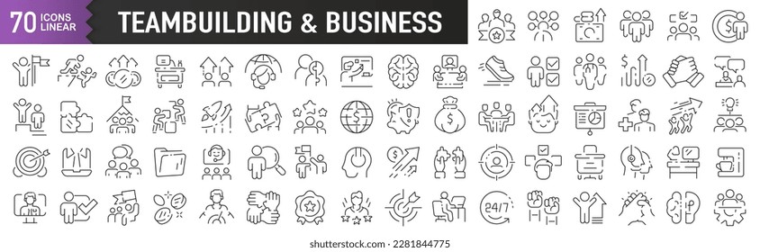 Teambuilding and business black linear icons. Collection of 70 icons in black. Big set of linear icons